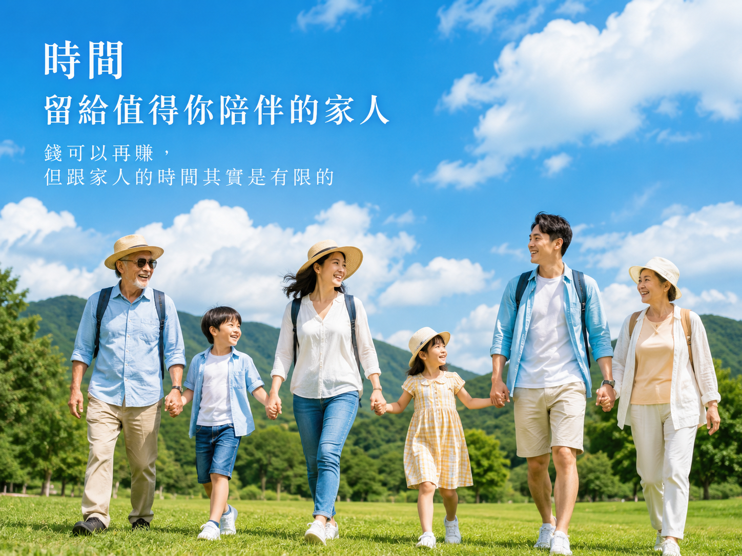 藍天綠地下與家人出遊，象徵把出租管理交給專業後，時間留給家人